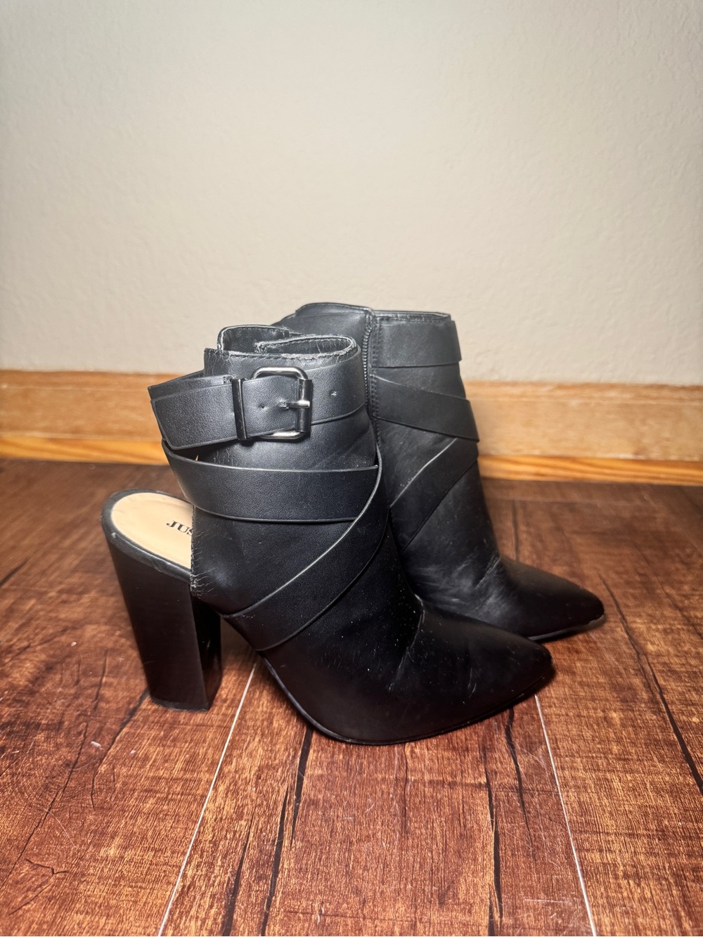 Just Fab Black Strappy High Heel Ankle Bootie